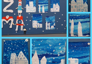 Kolaż zdjęć przedstawiający zimowy pejzaż. Prace uczniów są pomalowane niebieską i granatową farbą, a na to naklejone są kontury domów wycięte z białego papieru. Na tablicy korkowej przyczepiony jest również napis „ZIMA”.