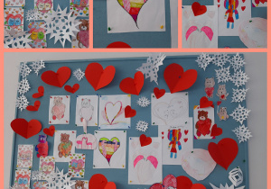 Wystawa prac uczniów o tematyce walentynkowej. Na tablicy przyczepione są czerwone serduszka, białe śnieżynki oraz kolorowanki. Prace dzieci przedstawiają: serca, misie z serduszkami oraz zakochane flamingi, sowy i pieski.
