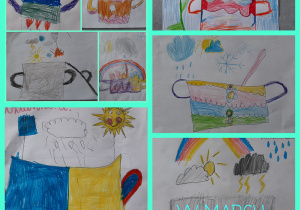 Plakaty uczniów na temat „W marcu jak w garncu” wykonane kredkami. Na pracach przedstawiono garnki w różnych kolorach, a nad nimi zjawiska atmosferyczne: słońce, pioruny, chmury, deszcz i śnieg.
