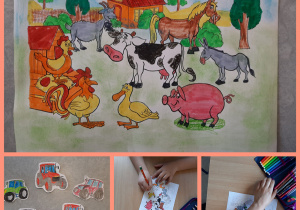 Kolaż zdjęć przedstawiający kolorowankę oraz proces jej powstawania. Na obrazku znajduje się wiejski pejzaż wraz ze zwierzętami. Na zdjęciach są również ławki i przybory szkolne.