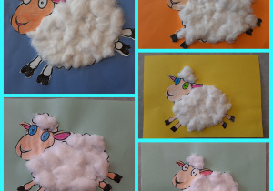 Kolaż zdjęć przedstawiający prace uczniów zatytułowane „Owieczki”. Na dowolnie wybranym kolorze tła dzieci przykleiły sylwetę owcy, a następnie ozdobiły je kawałkami waty.