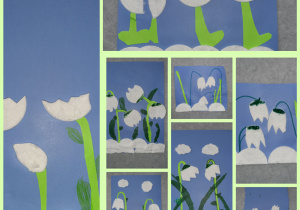 Kolaż zdjęć przedstawiający prace uczniów zatytułowane „Przebiśniegi”. Na niebieskim tle wycięto kwiaty z płatków kosmetycznych, a łodygi wykonano z zielonego papieru lub przy pomocy zielonego mazaka.