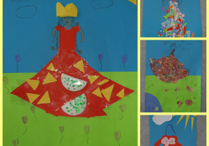 Kolaż zdjęć przedstawiający prace uczniów zatytułowane „Pani Wiosna”. Na niebieskim tle uczniowie projektowali suknie dla Pani Wiosny. Suknie są kolorowe i ozdobione kwiatami. Widoczna jest również słoneczna pogoda.