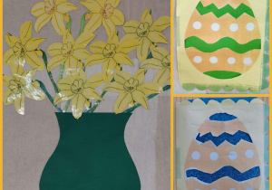 Świąteczny kolaż przedstawia zielony wazon pełen żółtych żonkili oraz kolorowe pisanki wielkanocne.