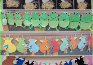 Kolaż przedstawia prace techniczne, wykonane przez uczniów grupy drugiej. Nawiązują one do wiosenne pory roku, która tak wszyscy lubią. Są to m.in. uśmiechnięte żaby, wykonane z papieru oraz jednorazowych talerzy w kolorze zielonym z plisowanymi kończynami przednimi i tylnymi. Zachwyca również kolorowe papugi z żółtymi dziobami i barwnymi piórami przypominającymi tęcze ora kolorowe zające z puszystymi z miękkimi ogonkami. Zaciekawić nas mogą także czarno-białe bociany z czerwonymi dziobami, które siedzą w gniazdach wykonanych z wełny drzewnej.