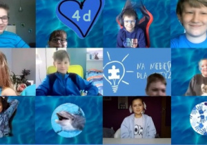 Zdjęcie przedstawiające uczniów klasy 4d wraz z wychowawcą. Dzieci w ramach solidaryzowania się z osobami ze spectrum są ubrane na niebiesko.