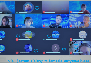 Screen ze spotakania na meet z wychowawcą klasy 4c. Uczniowie na niebieskim tle oraz zmienione awatary.