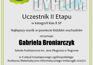Dyplom Gabrieli Boniarczyk - dyplom dla uczestnika II etapu.