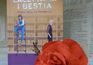Zdjęcie przedstawia książkę amerykańskiej autorki Ashley Poston, pt. „Zaczytana i bestia”. Książka została ustawiona na regale wystawowym w bibliotece. Obok niej znajduje się kwiat, wykonany z czerwonej bibuły.