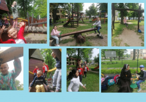 Zdjęcie przedstawia uczniów klasy 2c bawiących się na placu zabaw.