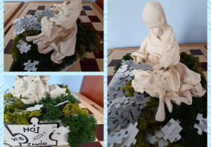 Praca symbolizująca pracę pielęgniarki lub lekarza. Na mchu siedzi kobieta (przyklejona biała figurka). Wokół rozsypane są puzzle. Kobieta trzyma jeden element, na którym jest narysowana strzykawka. Z przodu pracy znajduje się napis „Mój zwód”. Praca zdobyła 1 miejsce.