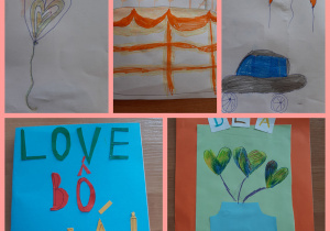 Kolaż zdjęć przedstawiający laurki dla taty. Dzieci wycięły napis LOVE, samochód, balony w kształcie serc oraz tort.