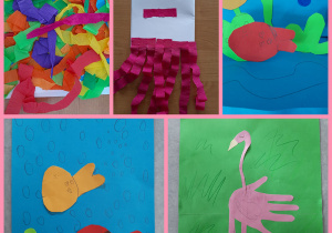 Wakacyjne prace uczniów. Różowa meduza wykonana z bibuły, kolorowa okładka książki również wykonana z bibuły, flaming z kolorowego papieru, a także kolorowe rybki.