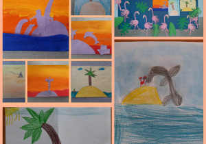 Kolaż zdjęć przedstawiający zachód słońca. Prace uczniów wykonane farbami i kredkami, na środku znajduje się mały pagórek, a na nim palma. W oddali lecą ptaki, z wody wyskakują delfiny.