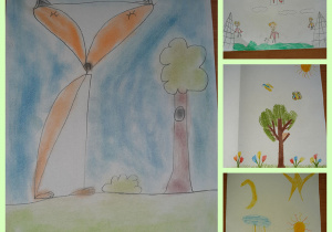 Kolaż zdjęć przedstawiający przyrodę. Na jednym obrazku jest lis i drzewo, na kolejnym zjawiska przyrodnicze związane z pogodą, na kolejnym chłopcy grający w piłkę.
