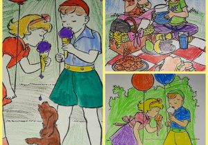 Kolorowanki przedstawiający sposoby spędzania wolnego czasu. Dzieci na spacerze z psem oraz dzieci na pikniku.