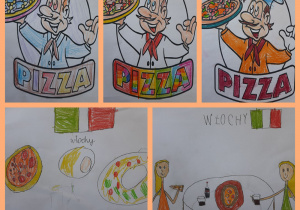 Kolaż zdjęć przedstawiający prace uczniów symbolizujące kulturę Włoch. Kolorowanki z wizerunkiem kucharza trzymającego pizzę. Rysunki ludzi siedzących przy stole i jedzących makaron oraz pizzę.