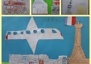 Kolaż zdjęć przedstawiający kulturę Francji i Wielkiej Brytanii. Na rysunkach znajdują się flagi tych państw oraz autobusy piętrowe i budynki wraz z Wieżą Eiffla.