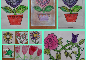 Kolaż zdjęć przedstawiający kwiaty dla mamy. Kwiaty są w donicach lub wazonach, niektóre są w kształcie serca, wśród kwiatów możemy zobaczyć min. tulipany, róże i słoneczniki.