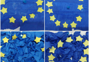 Flaga UE wykonana została metodą mieszaną. Na niebieskim tle z bibuły przyklejono 12 żółtych gwiazdek pięcioramiennych ułożonych w okrąg.