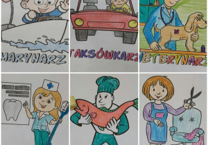 Kolorowanki przedstawiające różne zawody: marynarza, taksówkarza, weterynarza, dentystkę, kucharza i fryzjerkę.