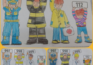 "Numery alarmowe" to kolorowanka, która objaśnia dzieciom numery telefonów dedykowane poszczególnym służbom ratunkowym.