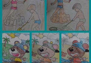 Wakacyjne kolorowanki przedstawiające zabawę na plaży.