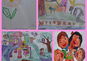 Zdjęcie przedstawiające rysunki związane z czasem wolnym i zabawą. Kolorowanka- plac zabaw. Narysowany kwiatek i słoneczko. Kolorowanka z dziećmi stojącymi w kręgu i uśmiechającymi się.