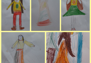Kolaż zdjęć przedstawiający Panią Jesień i jej suknie. N jednym z rysunków Pani Jesień ma spodnie i złotą koronę, na innym zieloną spódnicę, jeszcze inna ma koszyk.