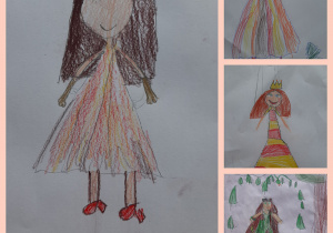 Kolaż zdjęć przedstawiający Panią Jesień i jej suknie. Suknie są zaprojektowane w odcieniach pomarańczy i brązu. Jedna Pani ma nawet koronę, inna sypie zielonymi liśćmi.