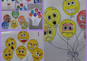 Kolaż zdjęć przedstawiający kolorowanki z buźkami symbolizującymi różne emocje. Buźki mają kształt baloników.
