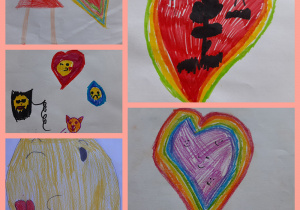 Prace uczniów wykonane mazakami przedstawiające emocje. Dziewczynka i duże serce. Duża buźka w kolorze żółtym. Serca z buźkami.
