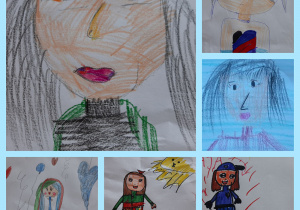Rysunki uczniów przedstawiające portrety. Pani Paula w zielonym żakiecie i wizerunki koleżanek.