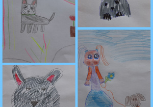 Rysunki przedstawiające zwierzęta domowe. Na jednym rysunku jest dziewczynka z kitkami trzymająca psa na smyczy, na pozostałych kot i pieski.