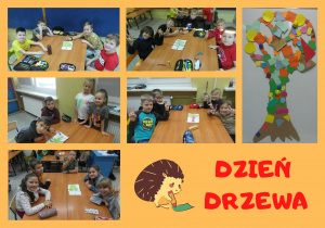 Zdjęcie przedstawia kolaż zdjęć uczniów klasy II a podczas układania puzzli obrazkowych przedstawiających różne rodzaje drzew oraz zdjęcie drzewa wykonanego z figur geometrycznych.