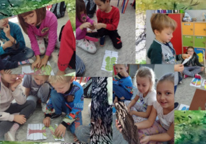 Zdjęcie przedstawia kolaż zdjęć uczniów klasy Ic podczas układania puzzli obrazkowych przedstawiających różne rodzaje drzew. Uczennica trzyma w ręku korę drzewa, zaś uczeń czyta informacje zamieszczone w kopertach znajdujących się na gałązkach brzozy.