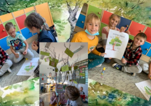 Zdjęcie przedstawia kolaż zdjęć uczniów klasy Ia podczas układania puzzli obrazkowych przedstawiających budowę drzewa. Uczniowie odczytują informacje zamieszczone na gałązkach brzozy.