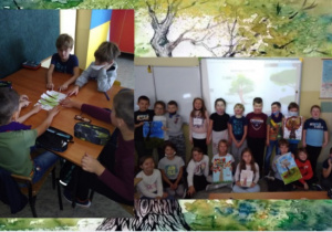 Zdjęcie przedstawia uczniów klasy IIc podczas układania puzzli obrazkowych oraz prezentacji prac plastycznych dotyczących drzew.