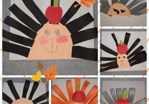 Zdjęcia przedstawiające prace techniczne uczniów pt. „Jeże”. Na kartonie przyklejone są półkola w kolorze brzoskwiniowym, a na nim narysowane oczy i nosy. Do tej formy przyklejone są paski w kolorach: czarnym, szarym i pomarańczowym. Niektóre jeże mają jabłko na swoich kolcach.