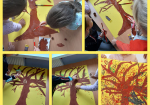 Kolaż zdjęć przedstawiający proces powstawania pracy „Jesienne drzewo”. Uczniowie wspólnie namalowali na żółtym kartonie drzewo brązową farbą, następnie mocząc w farbie rolki po papierze toaletowym wykonały liście.