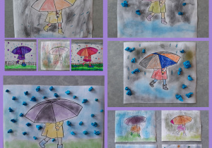 Kolaż zdjęć przedstawiający prace zatytułowane „Jesienna pogoda”. Na obrazku widać postać dziewczynki w płaszczu i kaloszach trzymającą parasol. Prace są pokolorowane kredkami i dodatkowo ozdobione kulkami z niebieskiej bibuły, które imitują krople wody.