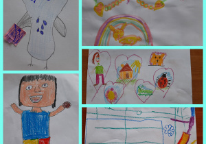 Prace własne uczniów. Rysunki przedstawiają: dziewczynkę, sowę, tęczę, serduszka, biedronki, domek i kwiaty.