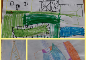 Prace własne uczniów. Rysunki przedstawiają budowle i projekty konstrukcyjne (Wieża Eiffla, domy, drogi, schody).