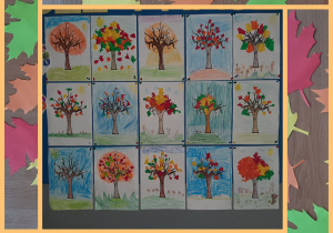 Galeria prac uczniów przedstawiająca jesienne drzewa. Na kartonie formatu A4 uczniowie pokolorowali drzewa na brązowo, następnie pokolorowali całe otoczenie np. niebo, trawę itd. Niektóre drzewa są na pagórku, jedno jest nawet na tle zachodzącego słońca. Wykończeniem prac są kolorowe kulki z bibuły imitujące jesienne liście.