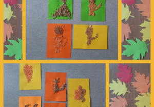 Jesienne prace utrzymane w tonacji pomarańczowej. Na kolorowych kartonach narysowane są zwierzątka, liście i serce, które są ozdobione kaszą i soczewicą.