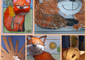 Kolaż zdjęć przedstawiający jeże i liski w formie 3D. Jeże wykonane są z papieru kolorowego. Liski pokolorowane są kredkami, mazakami, a także ozdobione soczewicą.