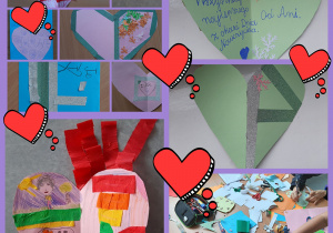 Kolaż zdjęć przedstawiający laurki dla nauczycieli. W większości laurki są w kształcie serc, znajdują się na nich życzenia, kwiaty oraz napisy „LOVE”. Na jednym ze zdjęć widać proces twórczy (ławkę, kolorowe papiery i przybory szkolne).