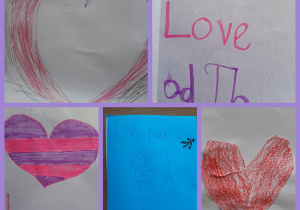 Kolaż zdjęć przedstawiający laurki dla nauczycieli. W większości laurki są w kształcie serc, znajdują się na nich życzenia, kwiaty oraz napisy „LOVE”. Prace utrzymane są w tonacji fioletu, różu i czerwieni.