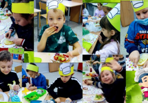 Zdjęcie przedstawia kolaż zdjęć uczniów klasy I c podczas robienia oraz degustowania kanapek.