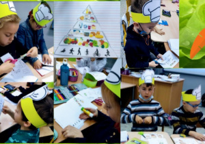 Zdjęcie przedstawia kolaż zdjęć uczniów klasy Ic podczas wykonywania pracy technicznej ,,Piramida zdrowego żywienia". Uczniowie wycinają oraz układają w odpowiedniej kolejności poszczególne piętra piramidy.